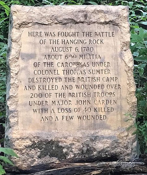 The Hanging Rock Battlefield Trail is a small segment of the Carolina Thread Trail.  Located near Heath Springs, SC, it includes this marker commemorating the battle.