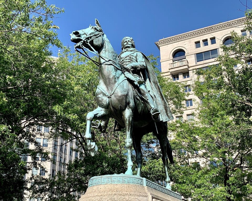 A 55-foot-tall marble Casimir Pulaski Monument was erected in Savannah’s Monterey Square in 1854.  This photo from the National Park Service is one of a statue in Washington, DC, honoring him.