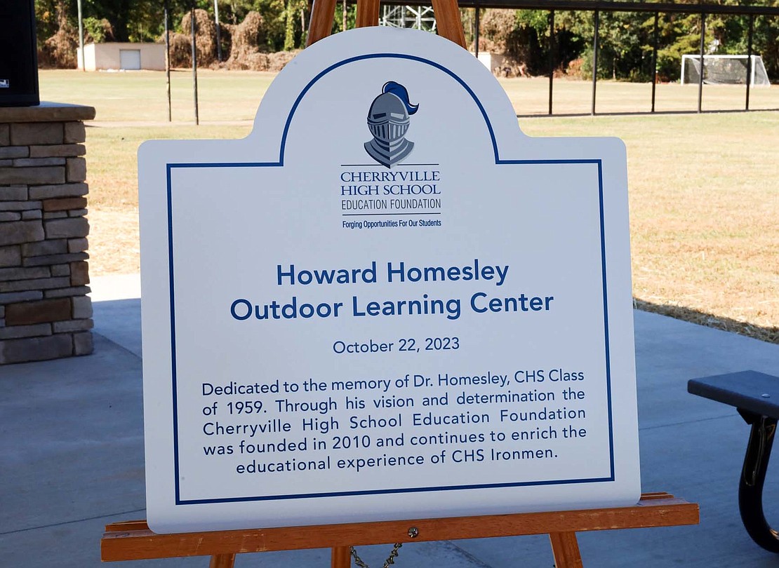 A sign for the dedication ceremony on October 22, 2023 of the Howard Homesley Outdoor Learning Center at Cherryville High School.