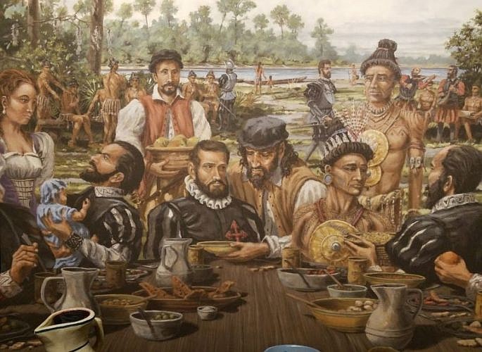 The first known Thanksgiving was celebrated in St. Augustine, Fla., in 1565. Spanish explorer Pedro Menéndez is depicted here, seated in the center.