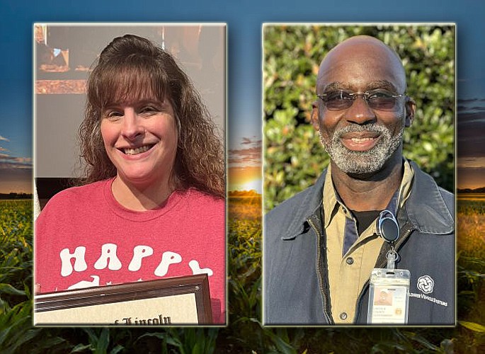 (Left) Lincoln County Department Manager of the Year for 2023 is Kathryn Saine, Senior Services Director; and (Right) is the 2023 Lincoln County Employee of the Year, Barry Hill, Facilities Maintenance Technician.