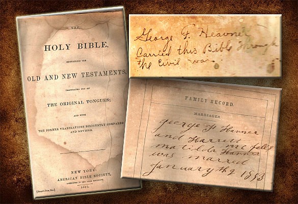 These images reveal the Heafner family Bible printed in 1857. George Heavner carried it as a Confederate soldier in the War Between the States.