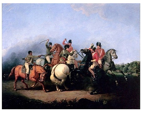 The Battle of Cowpens, painted by William Ranney in 1845. The scene depicts an unnamed black soldier (left) firing his pistol and saving the life of Colonel William Washington (on white horse in center).
