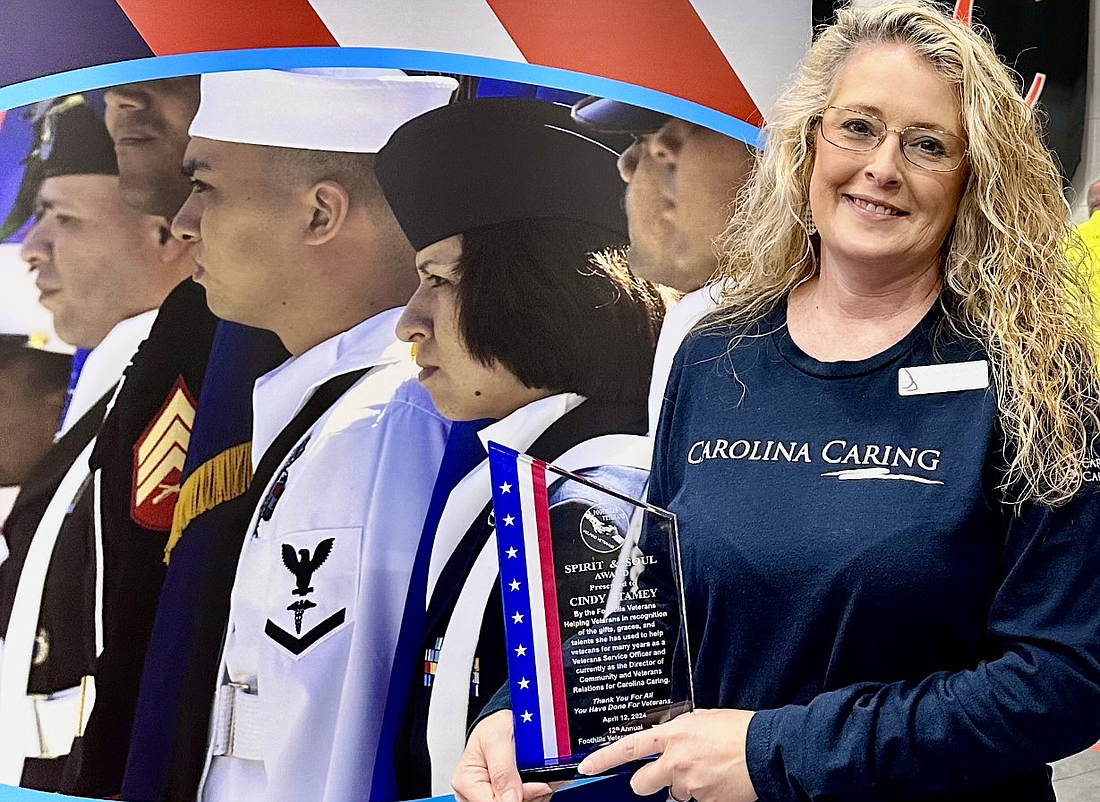 Cindy Stamey, Director of Community and Veterans Relations for Carolina Caring, received the Spirit and Soul award by the Foothills Veterans Helping Veterans organization.